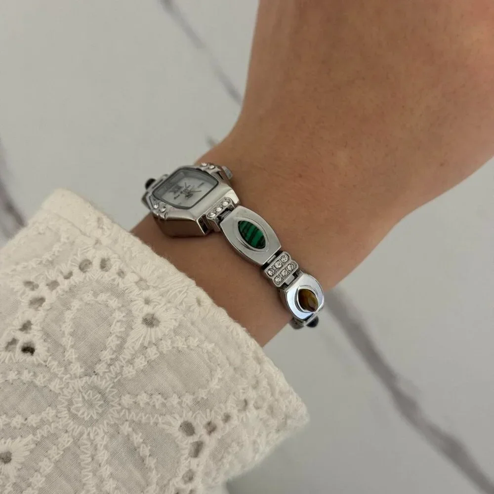 Sku0320‎ Casual Women Silver/Multicoloured Gemstones Fashion Watch + gift bag
